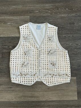 Cascade Blues Vintage Open Lattice Embroidered Linen Vest Tan Cream Medium M